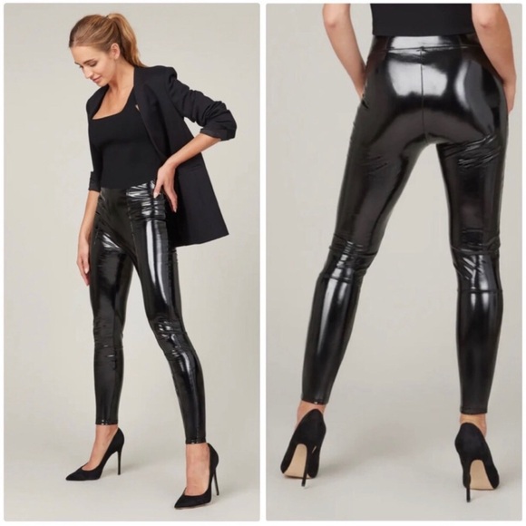 SPANX Faux Patent Leather Leggings Size 1X Pull‎ On Black Plus Size